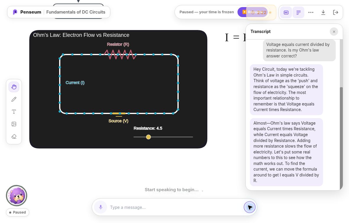 Penseum's AI Tutor corrects my typed Ohm's law mistake in its transcript beside an interactive circuit canvas.