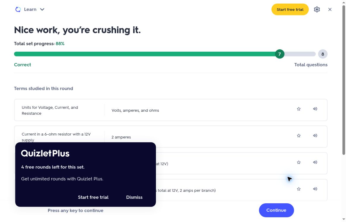 Quizlet Learn's round summary shows seven of eight correct and a message saying four free rounds remain for this set.