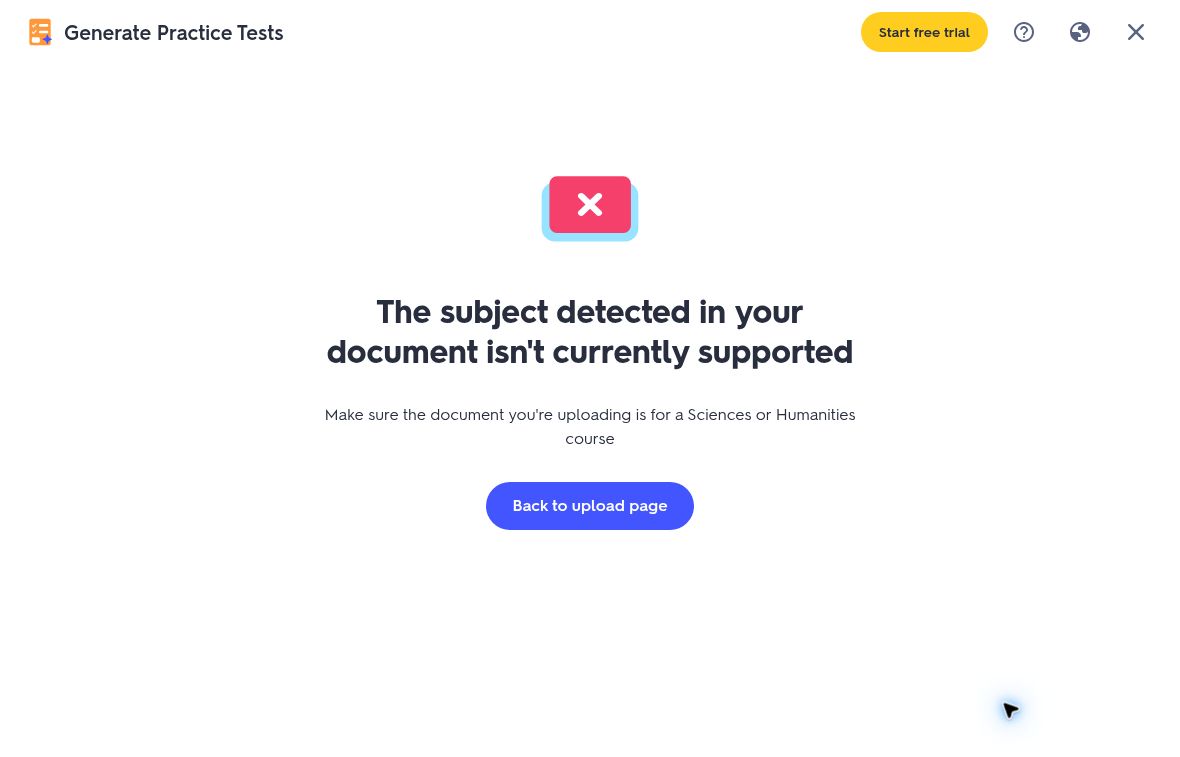 Quizlet's Practice Tests generator reports that the detected subject is not currently supported and asks for sciences or humanities material.