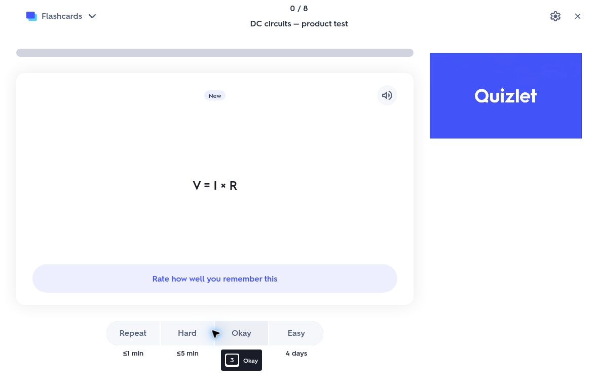 Quizlet Flashcards shows the revealed Ohm's law answer and Repeat, Hard, Okay and Easy recall ratings, with Easy showing four days.