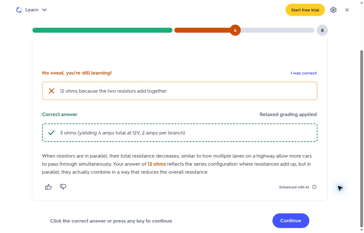 Quizlet rejects the written 12-ohm answer, shows the correct 3-ohm answer with Relaxed grading applied, and explains the series-versus-parallel mistake after selecting Explain this.
