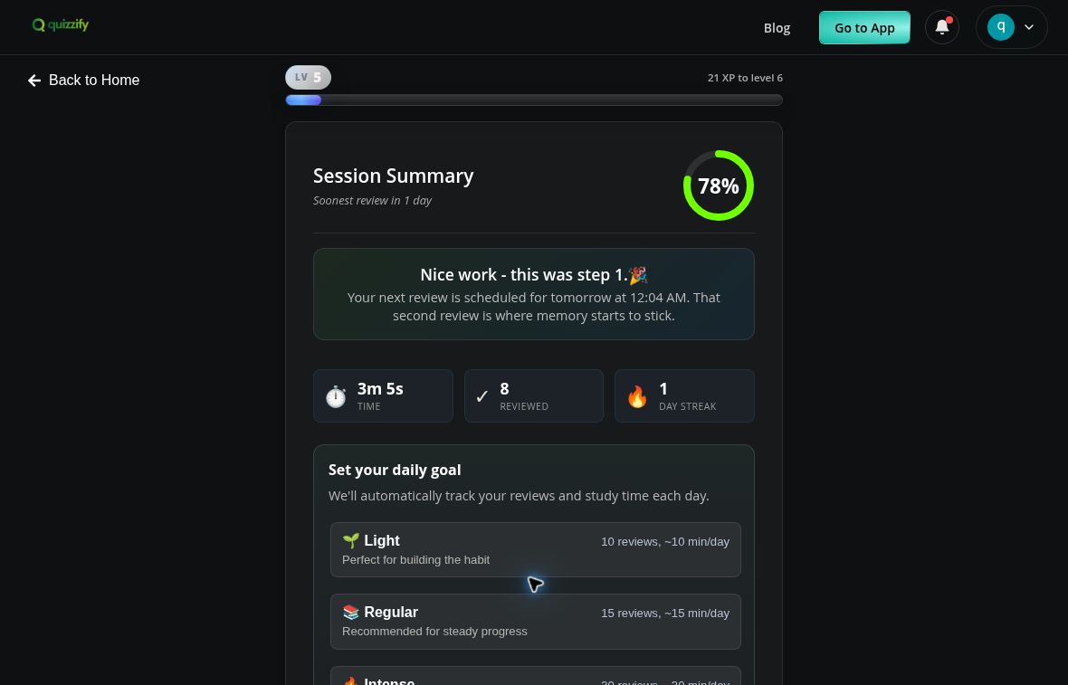 Quizzify's original session summary shows 78 percent, eight reviewed cards and the soonest review in one day.