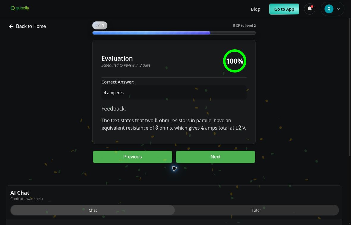 Quizzify gives the correct 4-amperes answer 100 percent and displays a three-day review interval.
