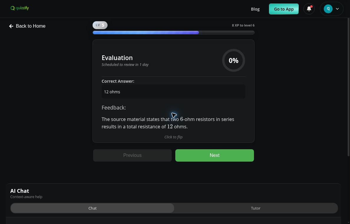 Quizzify shows a 0% score, a one-day review interval, the correct answer of 12 ohms, and feedback explaining that two 6-ohm resistors in series add to 12 ohms.